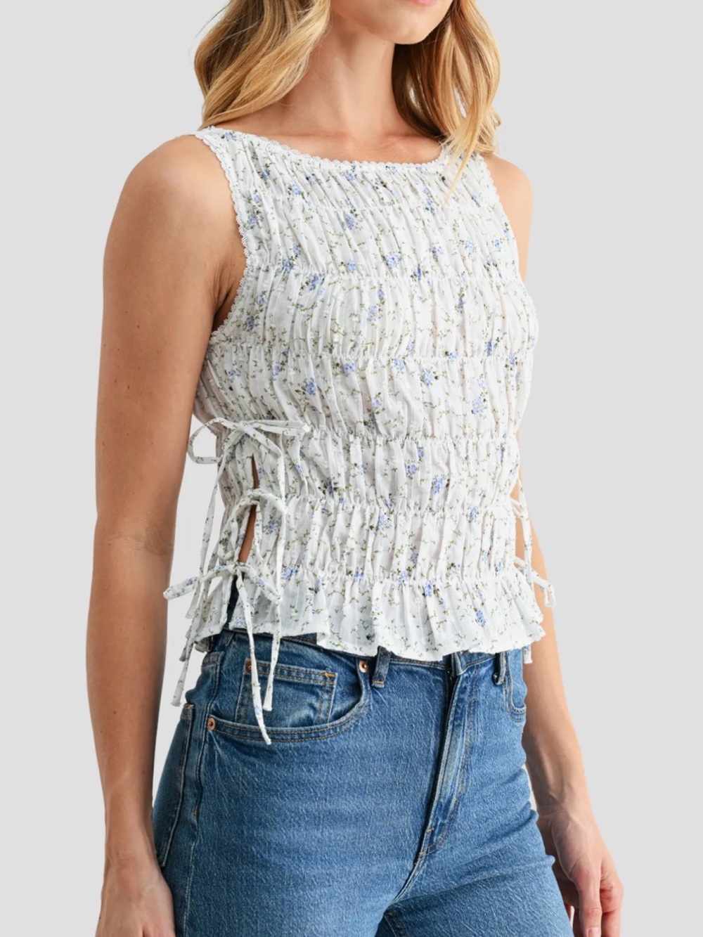 All in Favor Cotton Ditsy Floral Smocked Tie-Side Tank Top